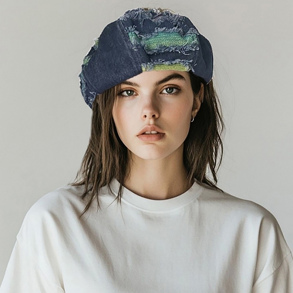 Denim Beret with Multicolor Fringe